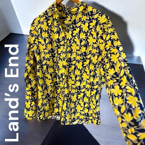 Lands End-NWOT women’s 12 gorgeous no iron floral button down oxford blue/yellow - Picture 7 of 9